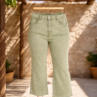 Curvy Lt Olive Acid Washed Frayed Hem Bootcut Pants