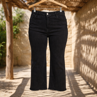 Curvy Black Acid Washed Frayed Hem Bootcut Pants
