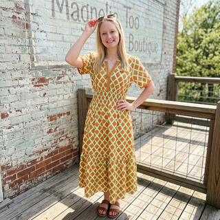 Green/Orange Short Sleeve Geo Print Midi Dress w/ Pockets Final Sale