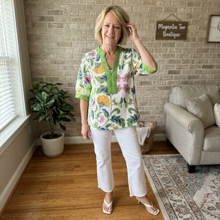 Green Mandarin Split Neck Puff Sleeve Top FINAL SALE