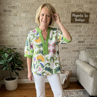 Green Mandarin Split Neck Puff Sleeve Top FINAL SALE