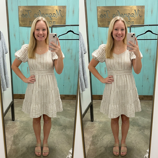 Taupe V-Neck Flutter Sleeve Striped Linen Dress