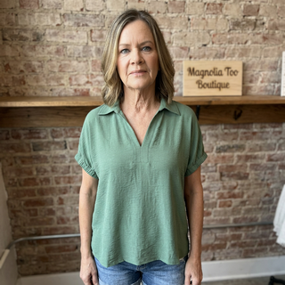 Olive Collared Short Sleeve Top