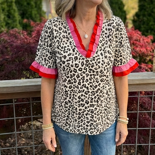 Pink/Red Ruffled Trim Leopard Top