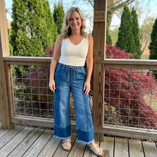 Raw Hem Drawstring Wide Leg Denim Pants