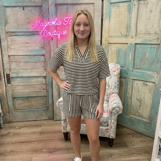 STRIPE SHORT SLEEVE DROP SHOULDER BOXY KNIT TOP & SHORTS SET FINAL SALE