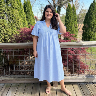 Curvy Blue Striped Smocked V-Neck Midi Dress FINAL SALE