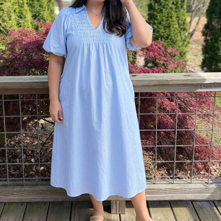 Curvy Blue Striped Smocked V-Neck Midi Dress FINAL SALE