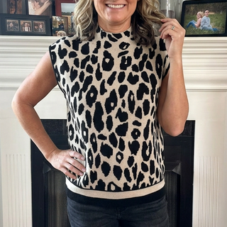Black Leopard High Neck Short Sleeve Sweater Final Sale