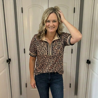 Leopard Half Zip Short Sleeve Top