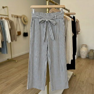 Black Striped Loose Casual Pants w/ Front Tie and Pockets