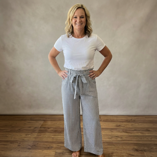 Black Striped Loose Casual Pants w/ Front Tie and Pockets