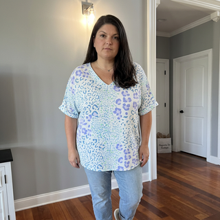 Curvy Blue/Green Leopard Short Sleeve V Neck Top FINAL SALE