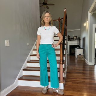 Lt. Teal Acid Washed Frayed Cutoff Hem Straight Wide Pants