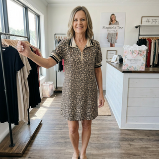 Leopard Print Zip Neckline Mini Dress w/ Pockets