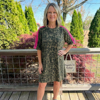 Brown Leopard T Shirt Dress w/ Pink Stripes and Pockets