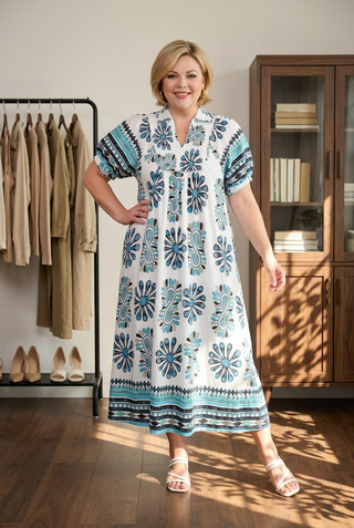Curvy Printed Smocked Yoke Midi Dress with Short Balloon Sleeves