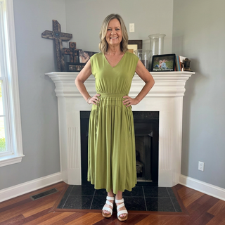 Solid Green V Neck Cap Sleeve Midi Dress w/ Drawstring Elastic Waist FINAL SALE