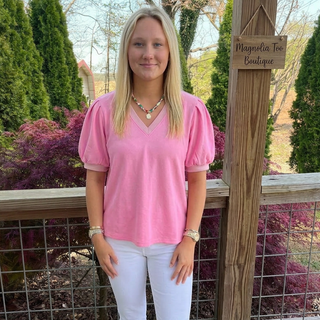 Pink V Neck Puff Sleeve Top Final Sale