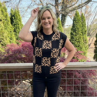 Leopard Checkered Short Sleeve Knit Sweater