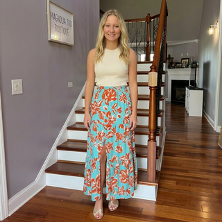 Mint Bohemian Floral Print Tiered Skirt w/ Slit and Pockets FINAL SALE