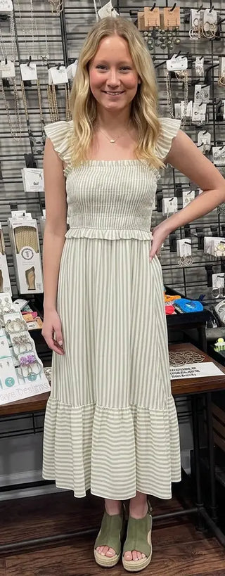 LIGHT OLIVE STRIPE SMOCKED RUFFLE TRIM MIDI DRESS FINAL SALE