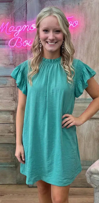Mint Blue Ruffle Flutter Sleeve Dress