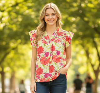 Umgee Smocked Yoke Ruffle Sleeve Floral Blouse FINAL SALE