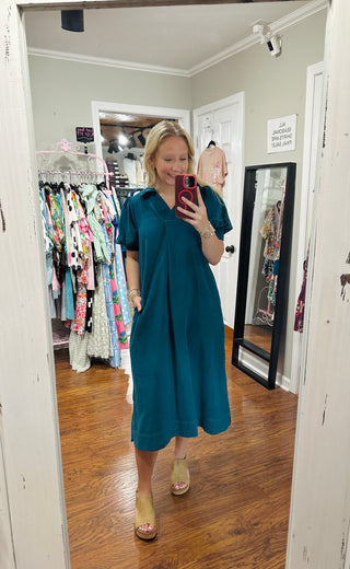 Teal Corduroy Collared Puff Sleeve Midi Dress w/ Pockets