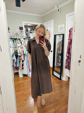 Brown Corduroy Collared Puff Sleeve Midi Dress w/ Pockets