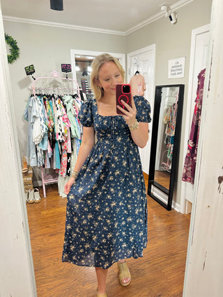 NAVY FLORAL PUFF SLEEVE FRONT TIE CORSET MIDI DRESS