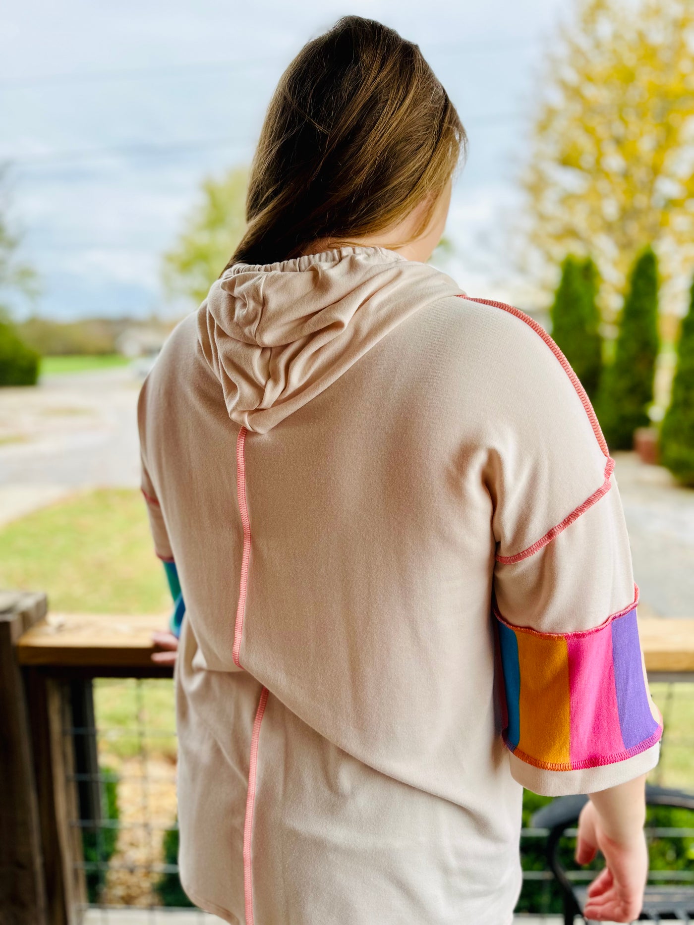 CURVY MULTICOLOR STRIPE PRINT FRENCH TERRY PULLOVER HOODIE