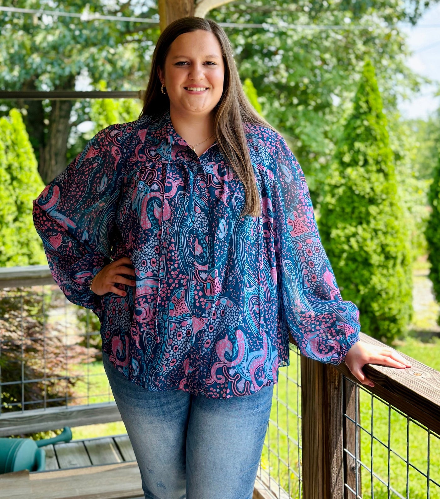 CURVY TEAL MULTI TIE NECK BUTTON FRONT TOP