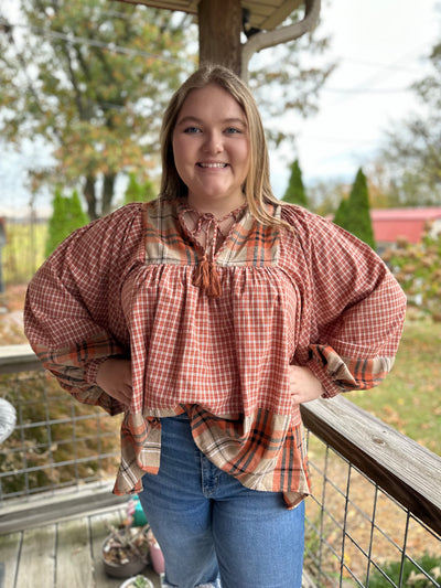 CURVY NOTCHED NECK WITH TASSEL WOVEN BLOUSE TOP