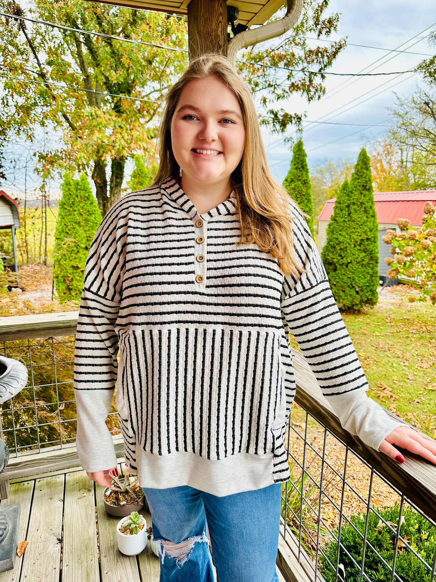 Curvy Cream/Black Long Sleeve Stripe and Solid Contrast Hoodie