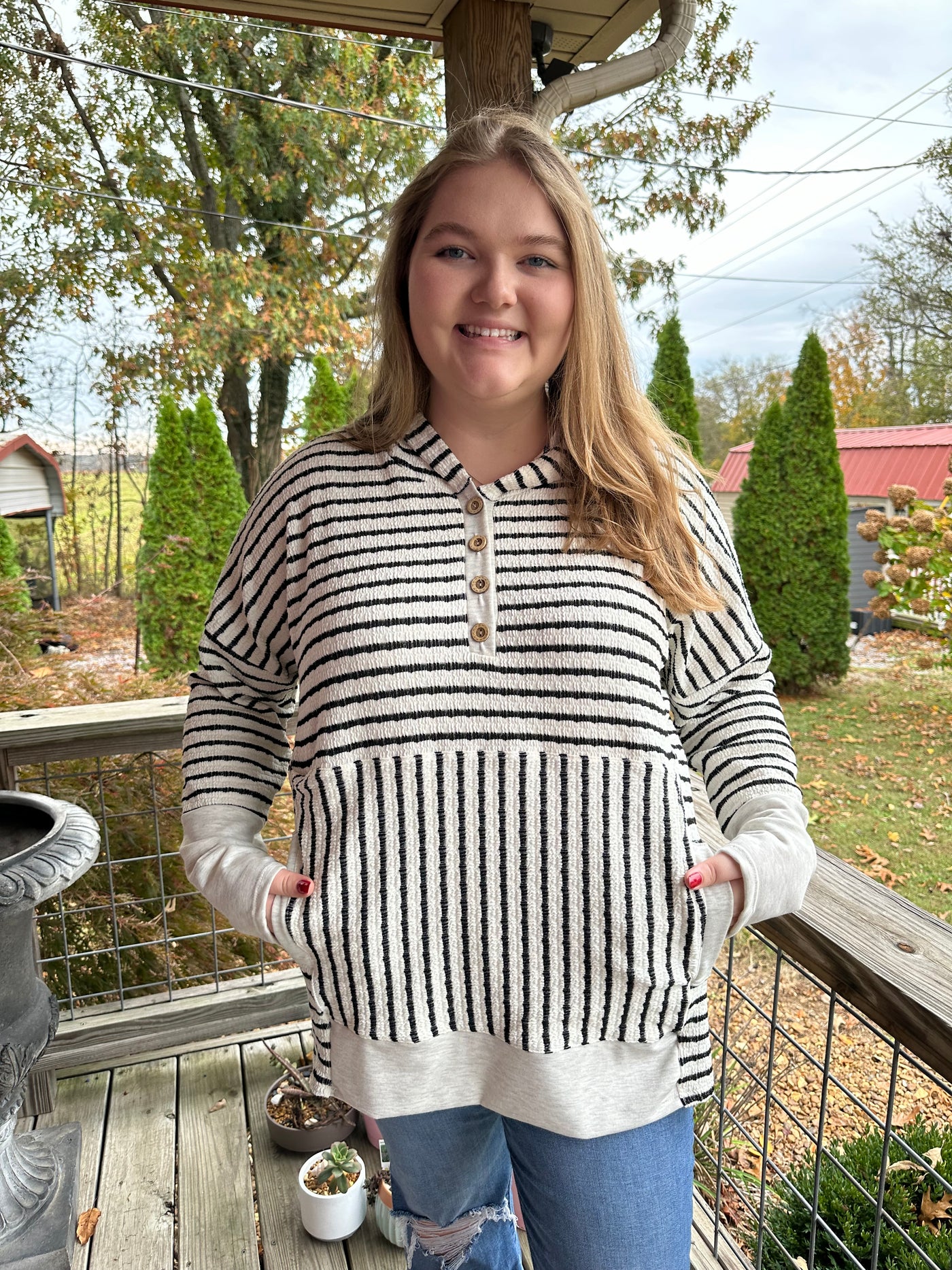 Curvy Cream/Black Long Sleeve Stripe and Solid Contrast Hoodie