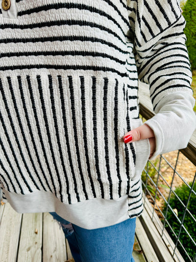 Curvy Cream/Black Long Sleeve Stripe and Solid Contrast Hoodie