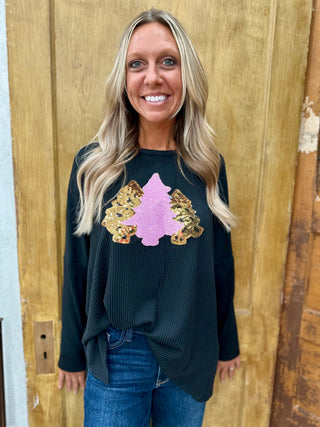 Sequined Christmas Tree Ribbed Top Final Sale