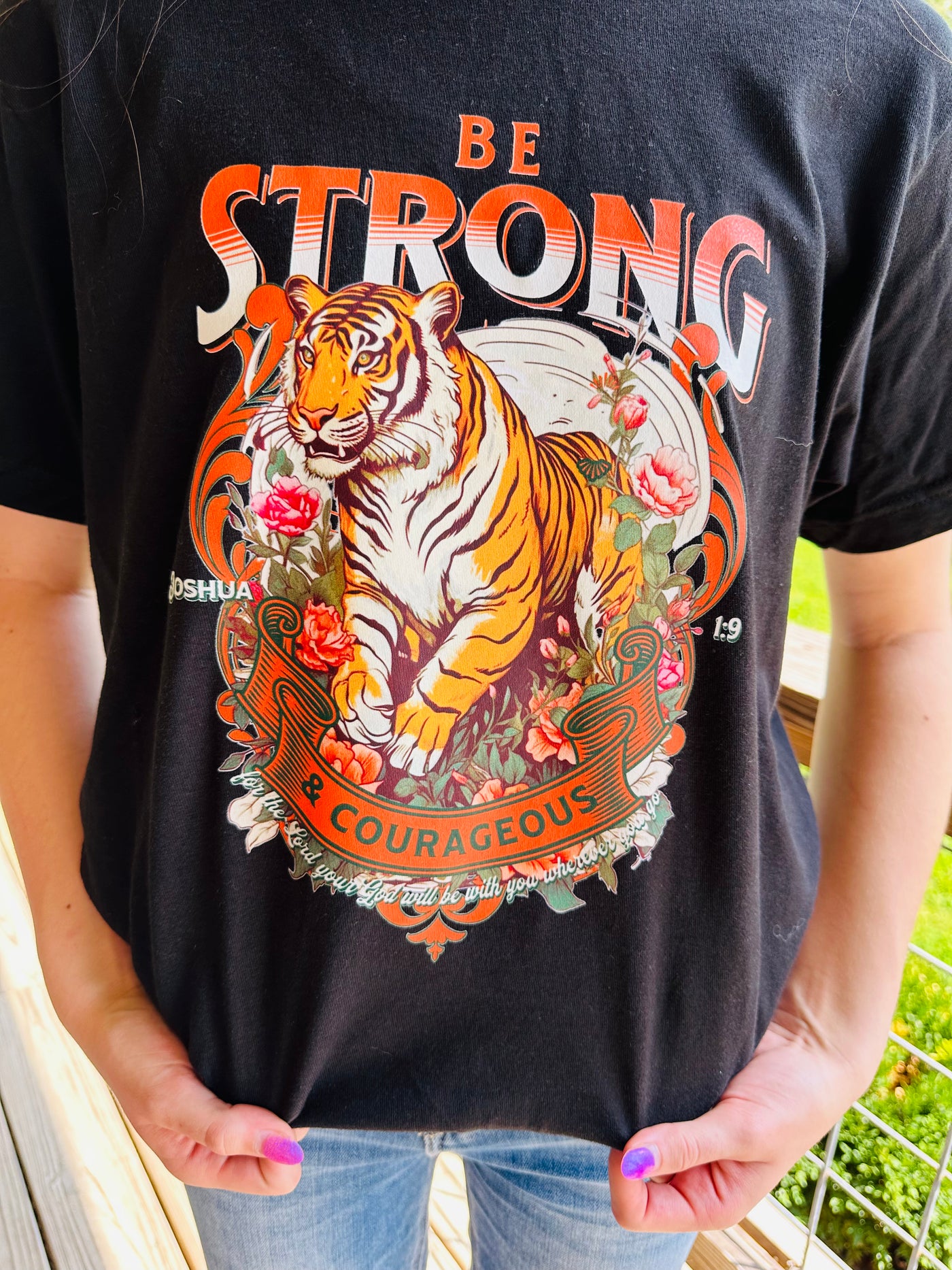 Be Strong & Courageous Joshua 1:9 Tee on Black