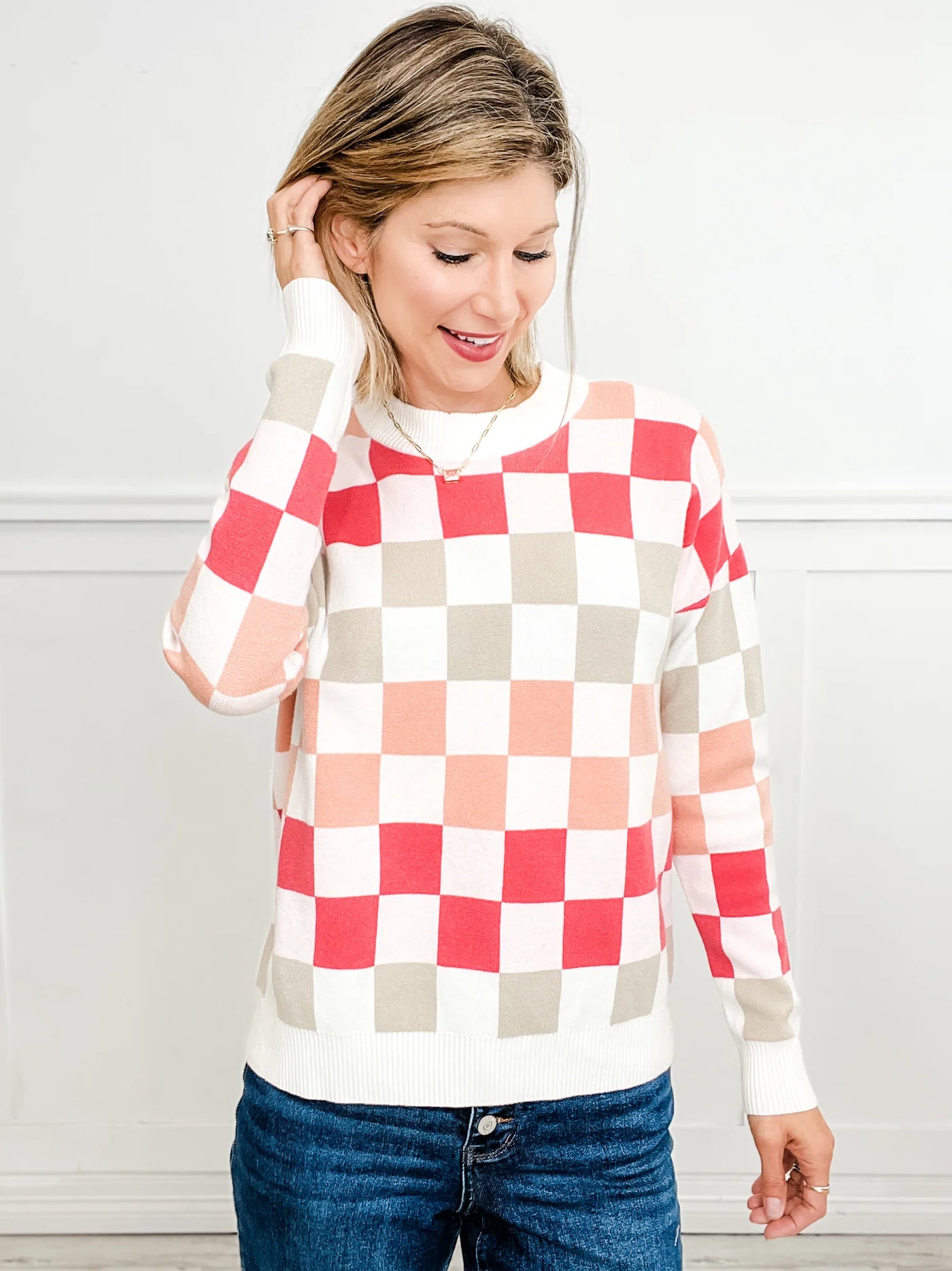 Coral Checkerboard Pullover Sweater