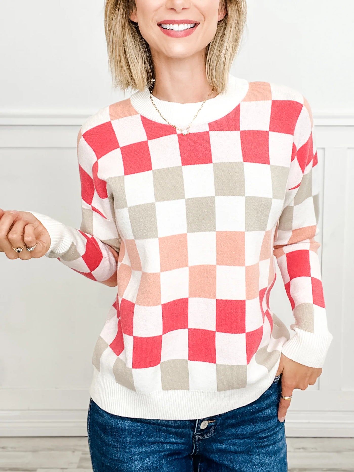 Coral Checkerboard Pullover Sweater