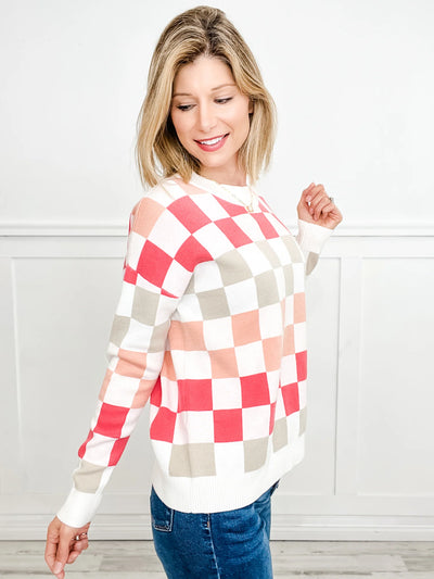 Coral Checkerboard Pullover Sweater