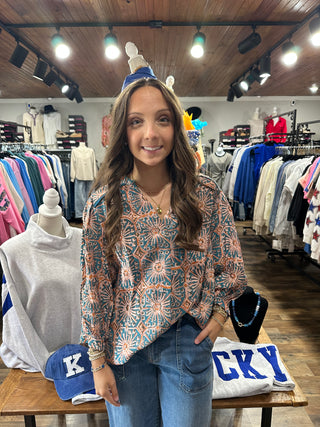 Blue Abstract Print Button-Front Blouse