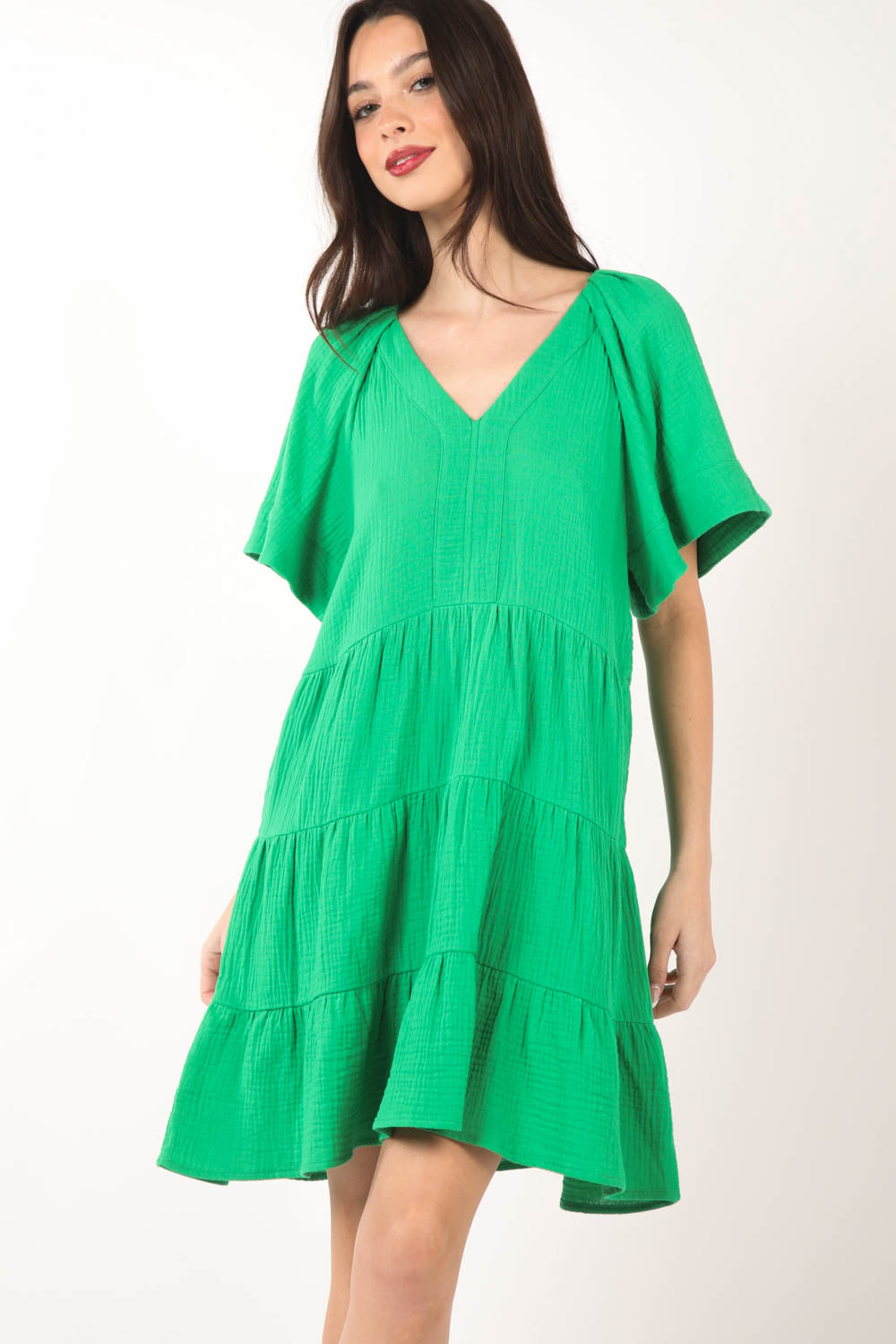 Green Solid Babydoll Tiered Flare Mini Dress