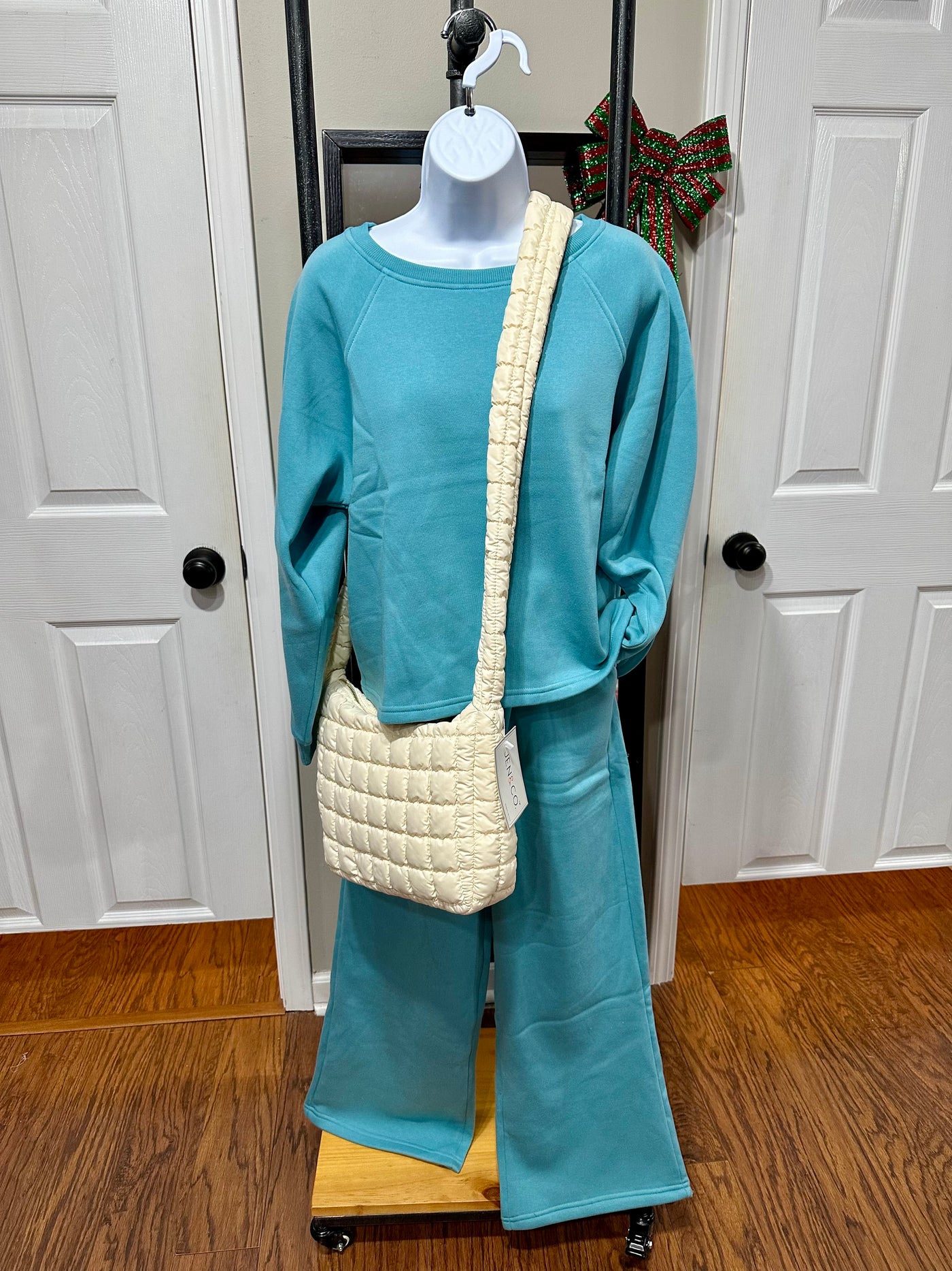 DUSTY TEAL FLEECE RAGLAN SLEEVE PULLOVER & SWEATPANTS SET