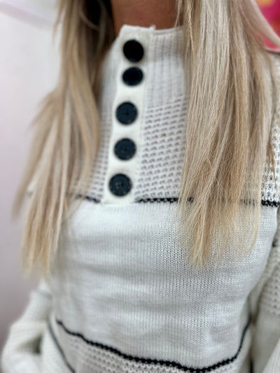 Cream Waffle-Knit Half Button Long Sleeve Sweater