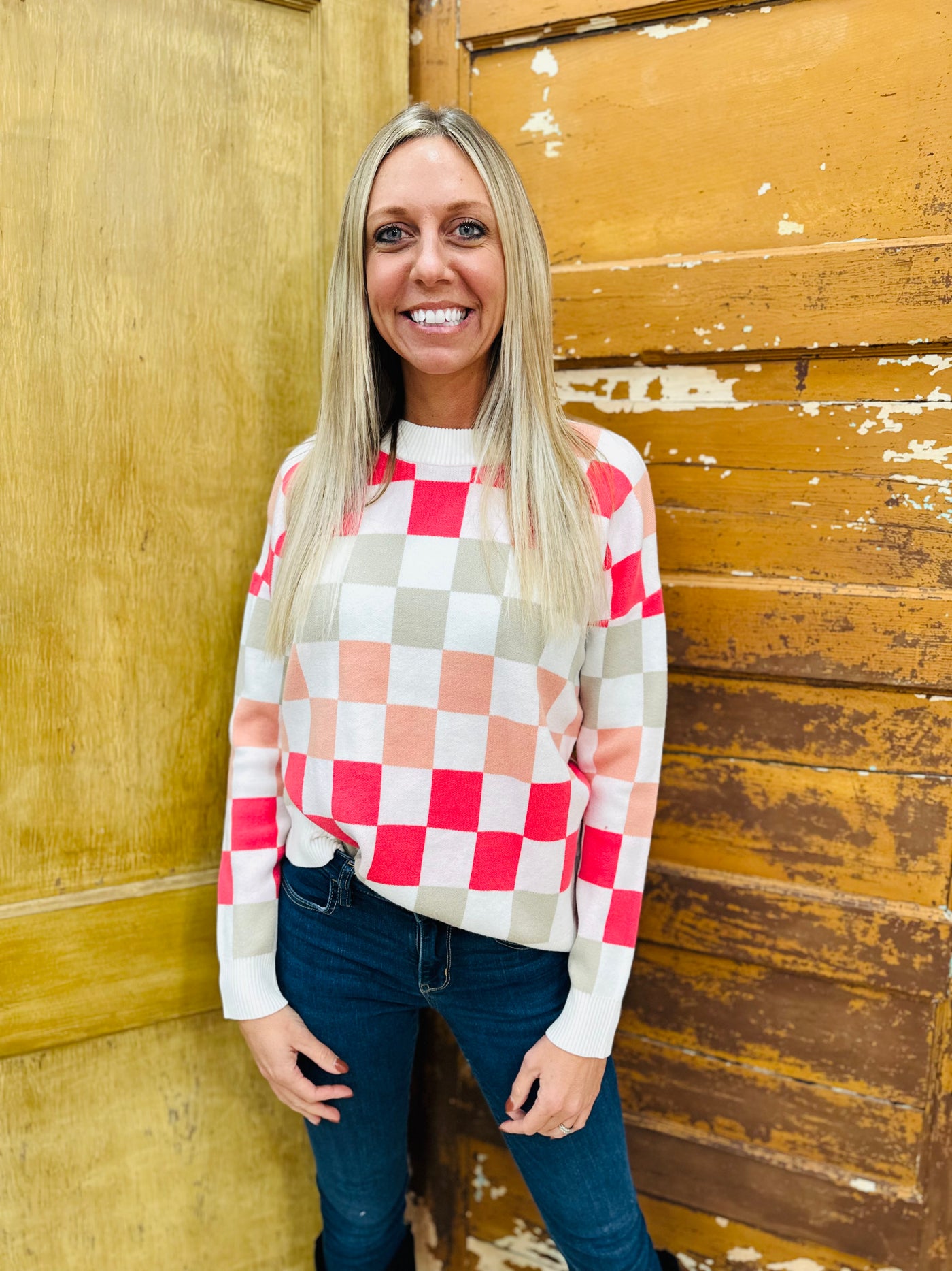 Coral Checkerboard Pullover Sweater