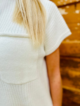 IVORY MOCK NECK SHORT SLEEVE SWEATER DRESS WITH POCKET Final Sale