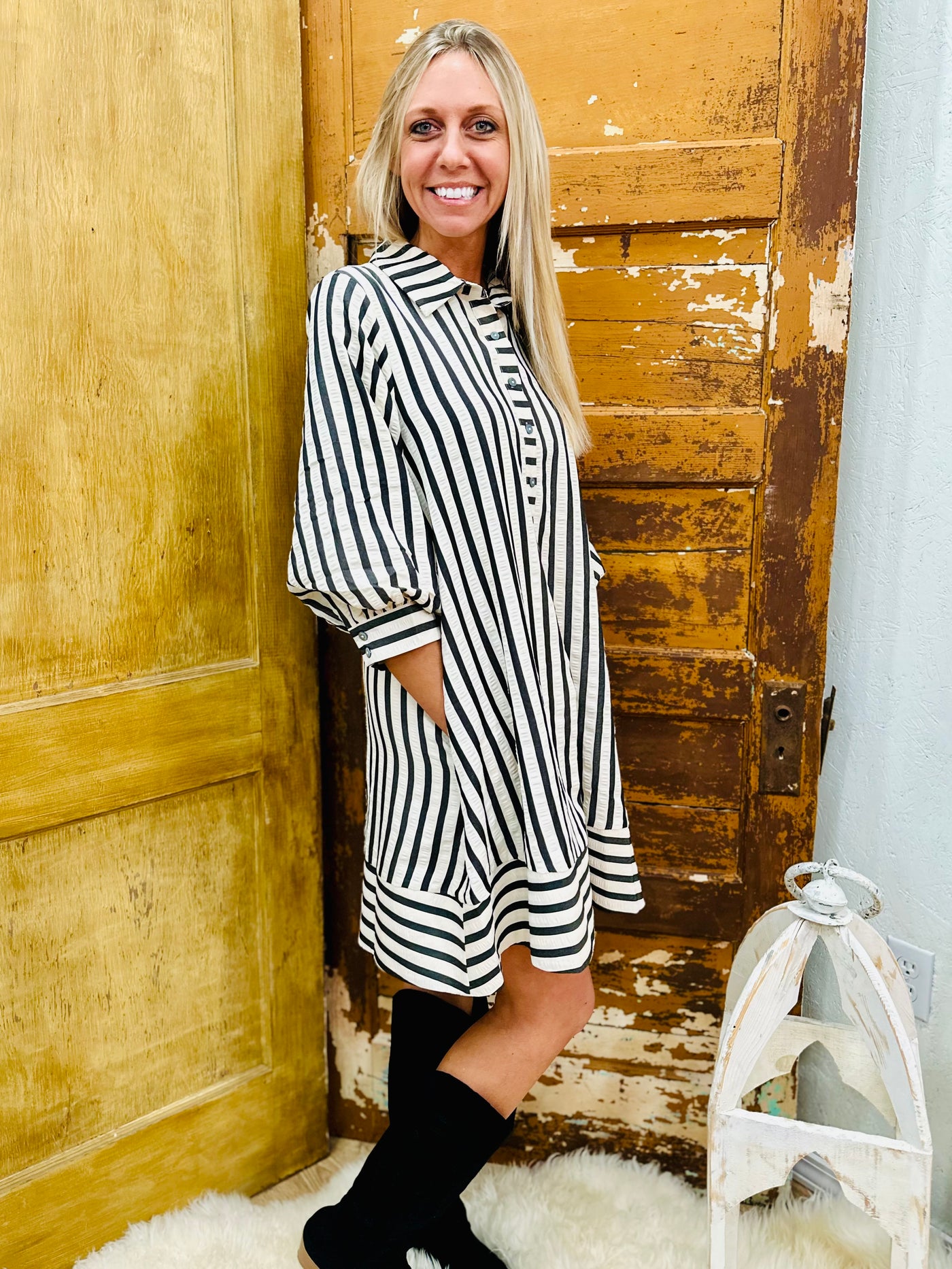 Black Striped Seersucker Dress w/ Pockets