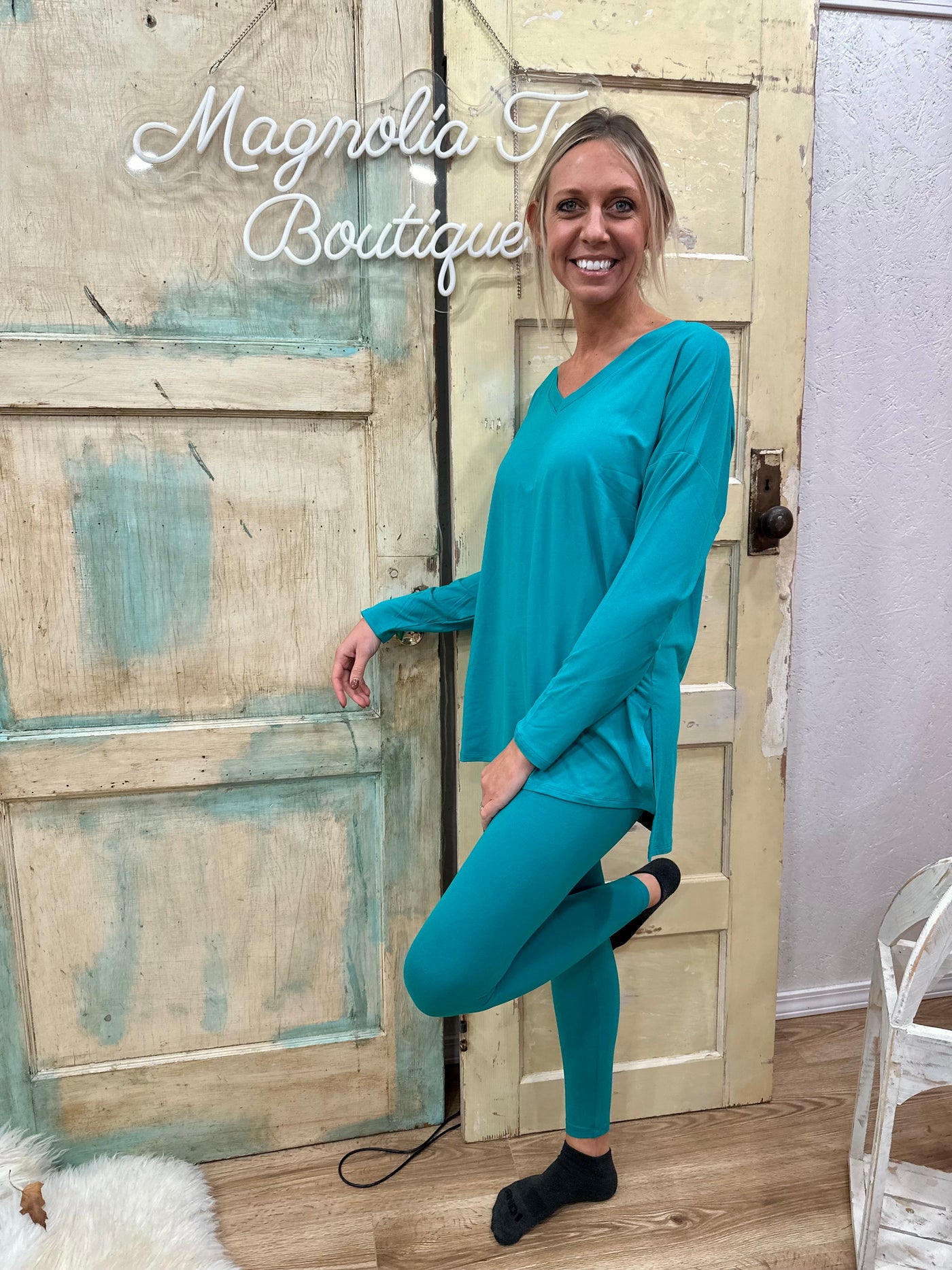 LT TEAL BRUSHED MICROFIBER LOUNGEWEAR SET